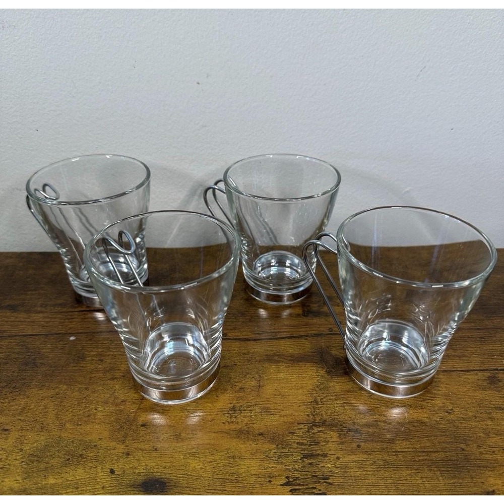 Set of 4 Vintage Libbey Glass Mugs, Mid Century Metal Handle Coffee Cups